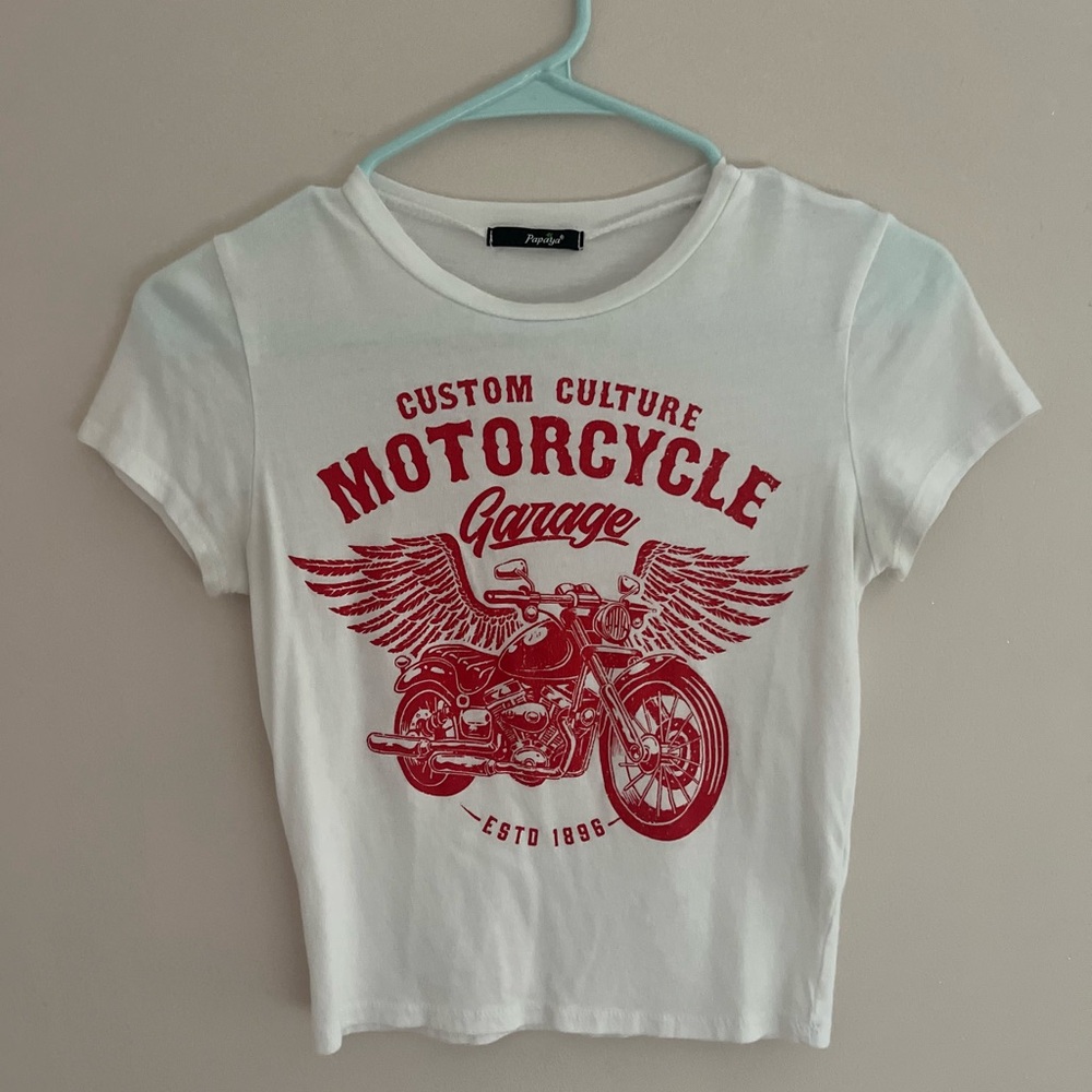 White T-Shirt with Red Motorcycle Graphic